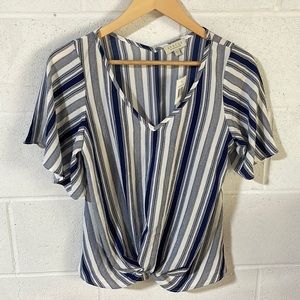 NWT (S) Status Chennault dark blue and white stripe twist front V neck loose top